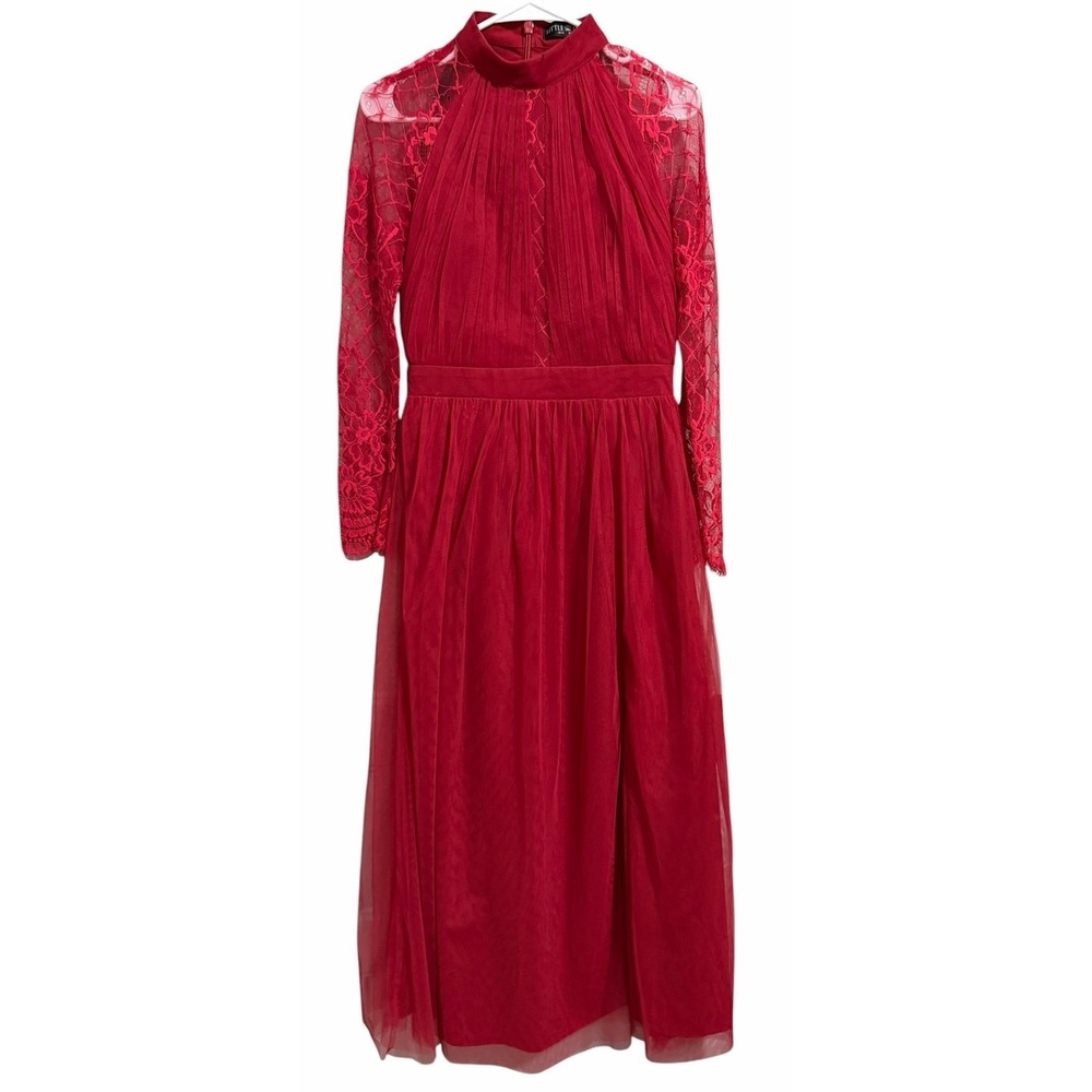 Little Mistress Lace Long Sleeve High Neck Maxi Dress Red Women's Size 6